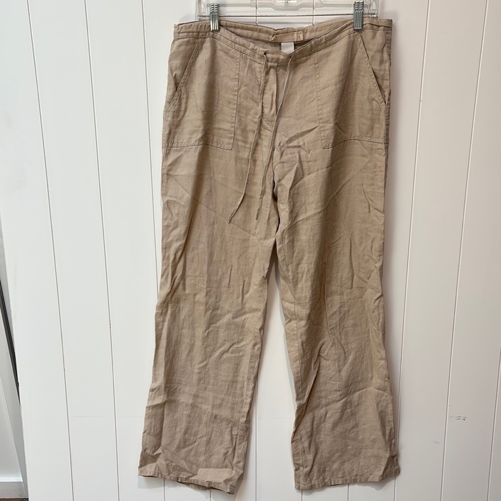LONDONJEAN Tan 100% linen Chinos wide leg drawstring Lightweight S